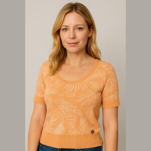 Michael Kors Short Sleeve Orange White Palm Print Ribbed Sweater Crop Medium